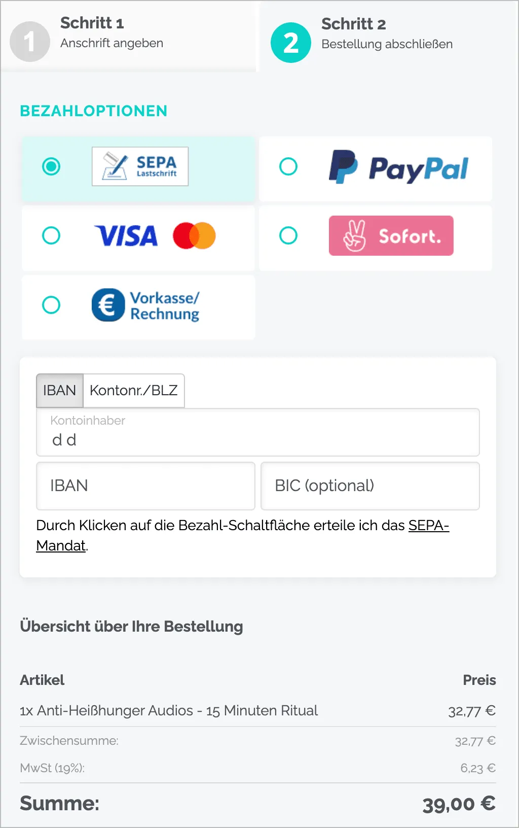 In Schritt 2 eines 2-step-Formulars wählt der Kunde die Bezahlmethode aus