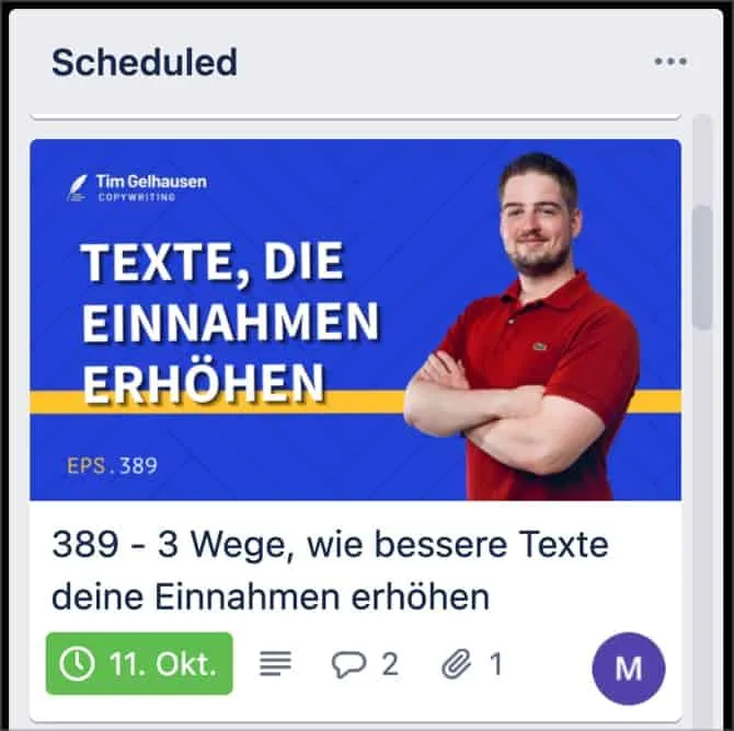 Beispiel einer fertigen Trello Podcast Karte mit Titel, Thumbnail und Veröffentlichungsdatum