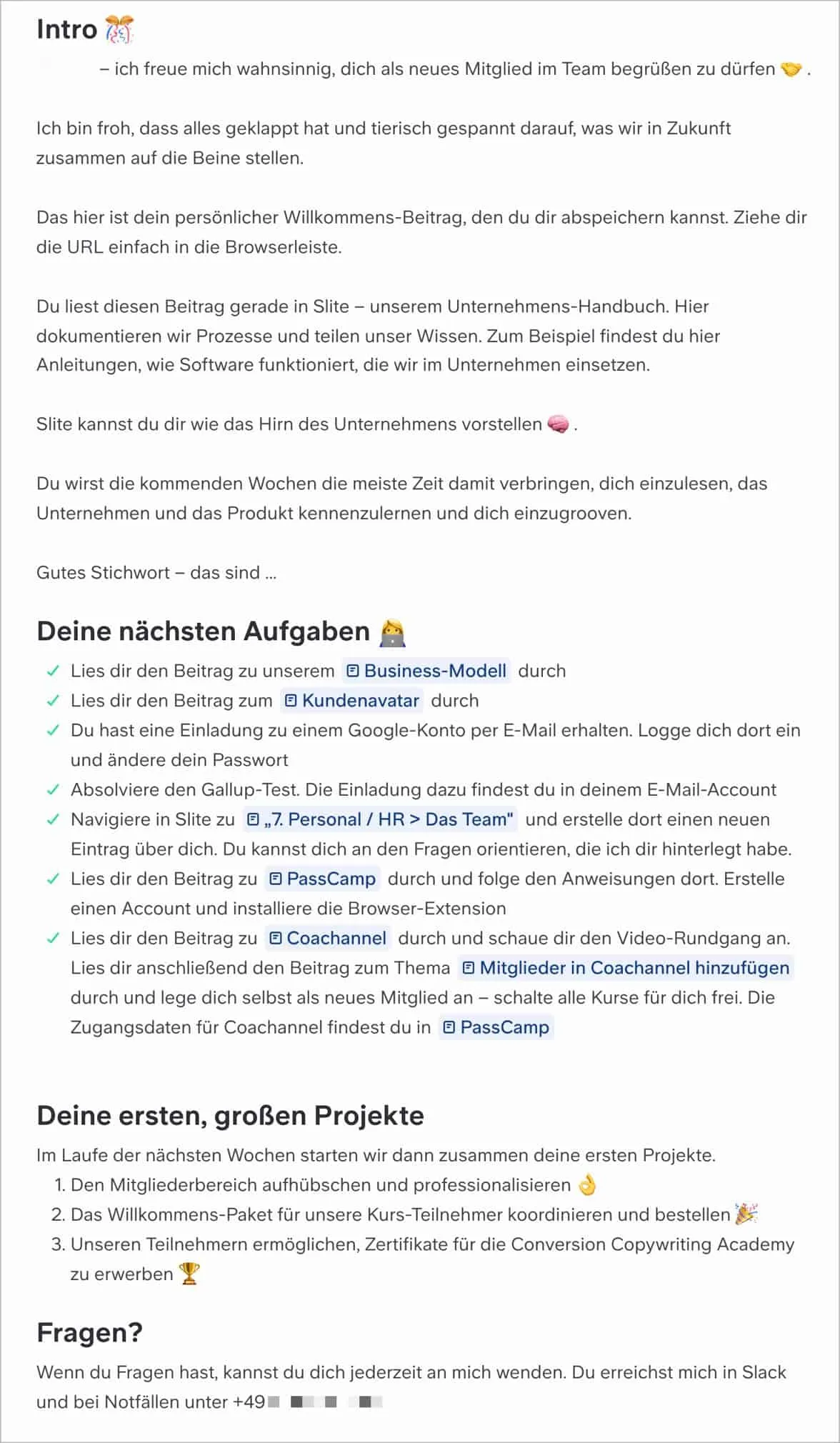 Willkommens-Beitrag in Slite für den ersten Mitarbeiter mit Vorstellung, nächsten Aufgaben, große Projekte und Kontaktdaten. 