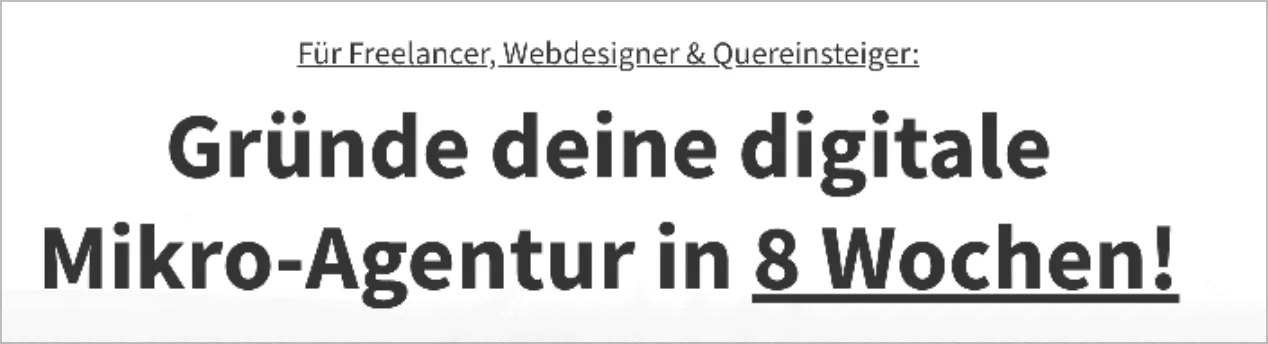 Beispiel für gute Headline auf Sales Page: Gründe deine digitale Mikro-Agentur in 8 Wochen! 