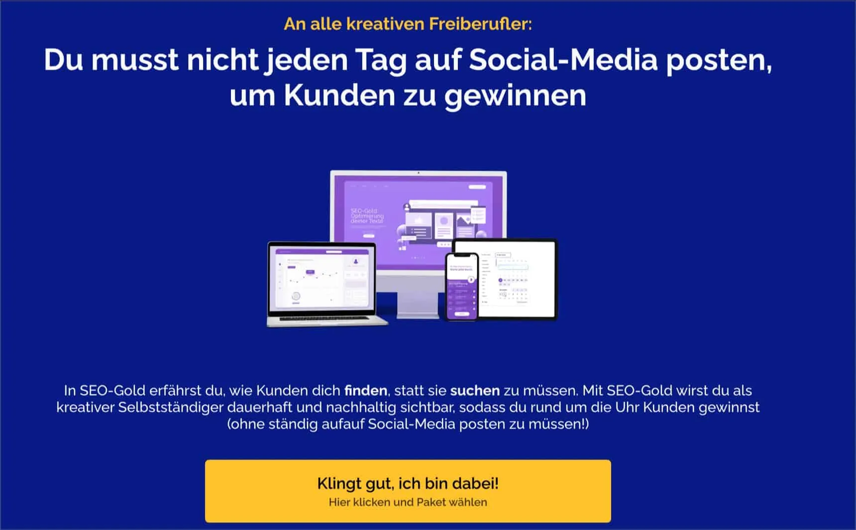 Beispiel für eine gute Sales Page - lesbarer Text, gute Farbkontraste und auffälliger Button 