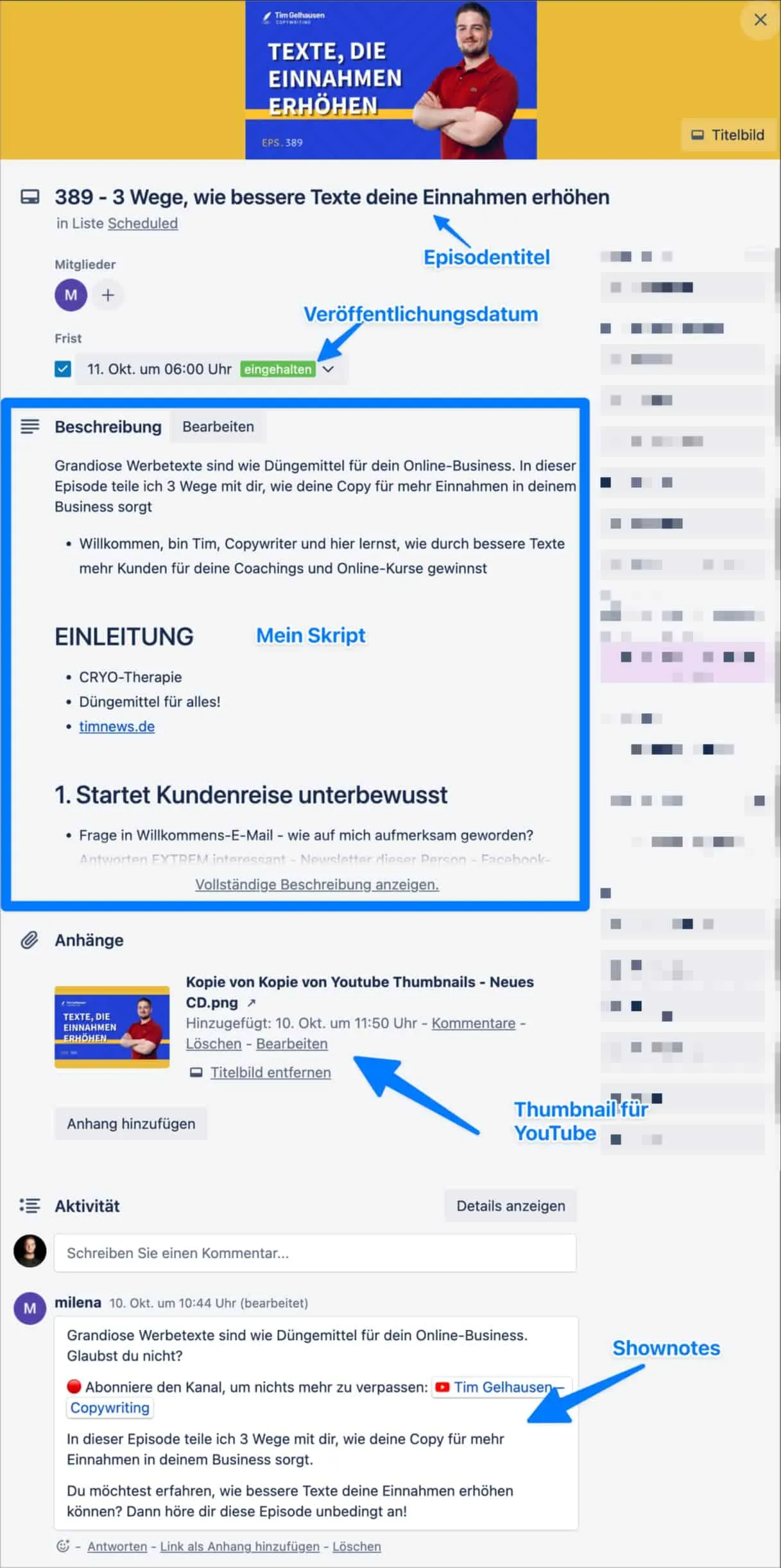 Trello Karte für Podcast Episode mit Episodentitel, Veröffentlichungsdatum, Skript, Thumbnail und finalen Shownotes