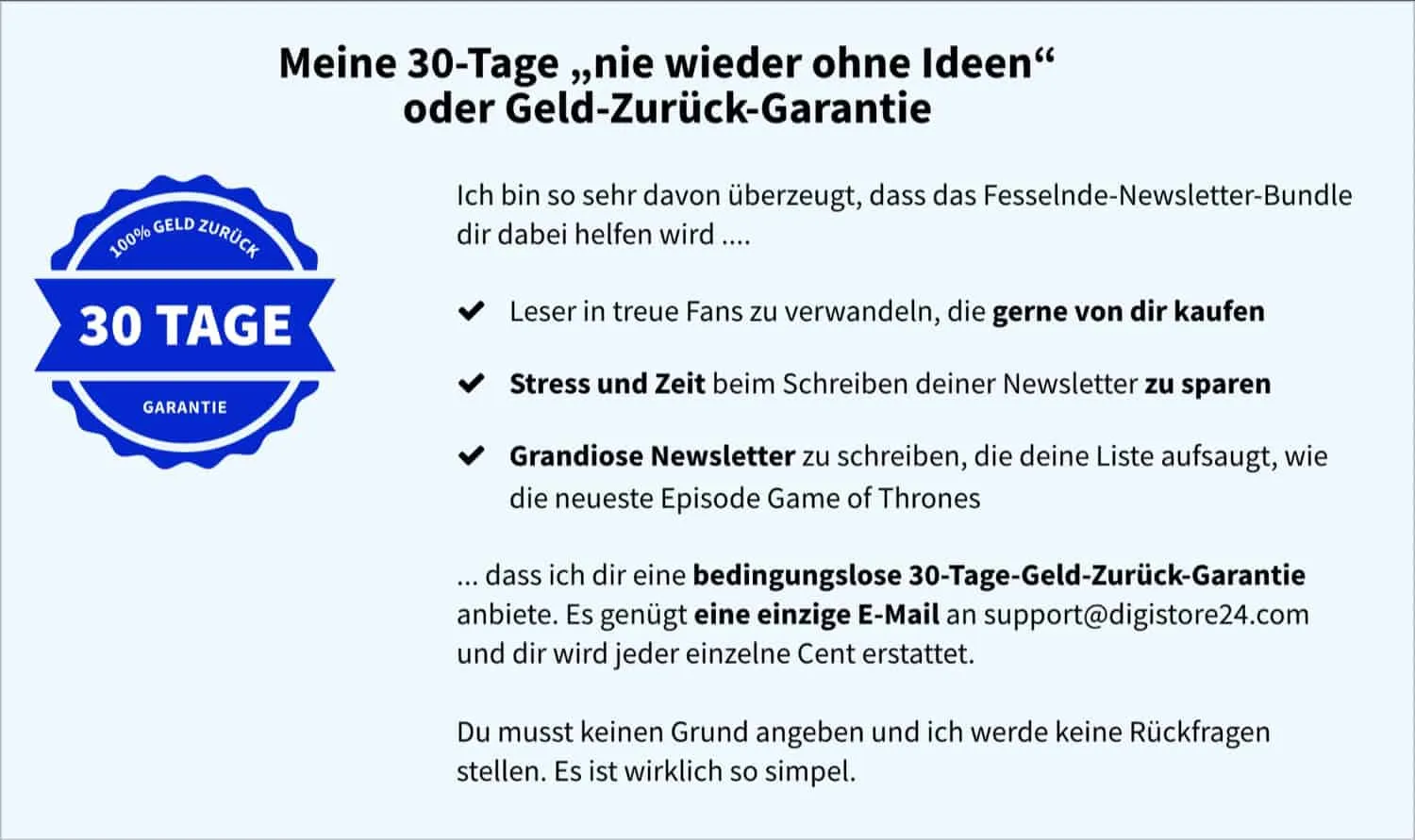Ein Beispiel für eine Geld-Zurück-Garantie für deine Sales Page, die beschreibt, wie du von ihr Gebrauch machen kannst und welche Vorteile dir das Produkt bringt