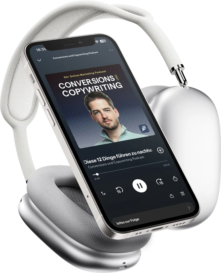 Kopfhörer mit dem Logo des Conversions & Copywriting Podcasts