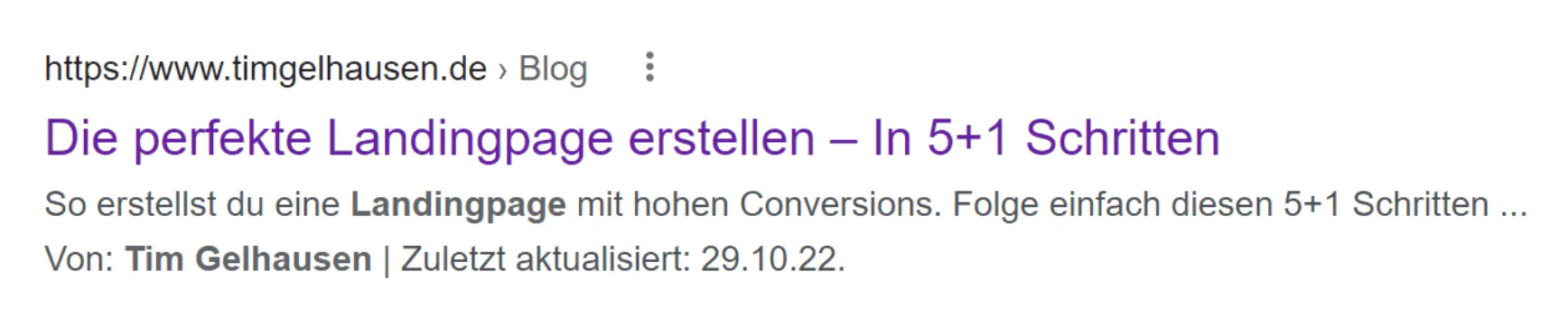 Beispielhaftes Snippet von Google zu einem Blogartikel auf Tims Website.