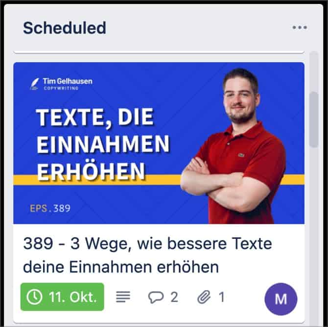 Beispiel einer fertigen Trello Podcast Karte mit Titel, Thumbnail und Veröffentlichungsdatum 